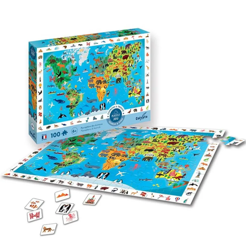 Puzzle 100 pièces : Cherche et Trouve : Planisphère des animaux - Sentosphère
