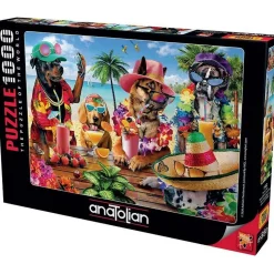Puzzle 1000 pièces : Chiens buvant des smoothies sur une plage tropicale - Anatolian