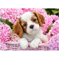 Puzzle 180 pièces : Chiot dans les fleurs roses - Castorland