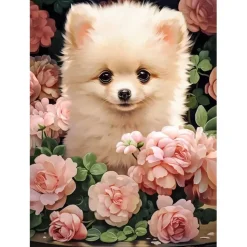 Puzzle 60 pièces : Chiot de Poméranie dans les roses - Castorland