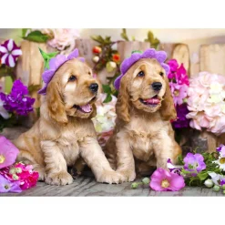 Puzzle 1000 Pièces : Chiots épagneuls avec chapeaux de fleurs - EnjoyPuzzle