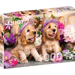 Puzzle 1000 Pièces : Chiots épagneuls avec chapeaux de fleurs - EnjoyPuzzle