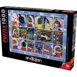 Puzzle 1000 pièces : Collection de timbres de chat de Noël - Anatolian