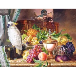 Puzzle 3000 pièces : Nature morte aux fruits et au cacatoès, Josef Schuster - Castorland