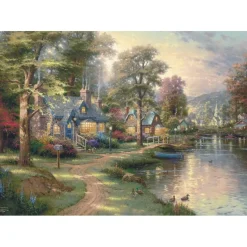 Puzzle 1000 pièces en bois : Le village au bord du lac - Thomas Kinkade - Schmidt