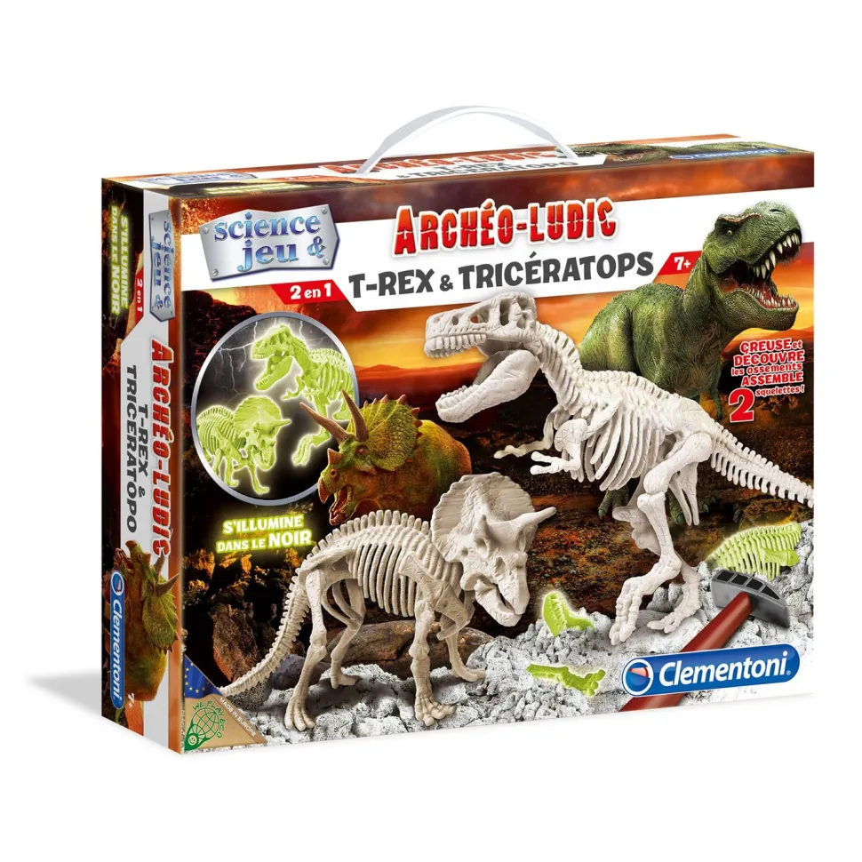 Science et jeu : Archéo-ludic : T-Rex et Tricératops phosphorescents - Clementoni