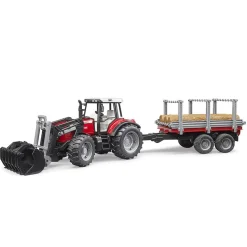 Tracteur Massey Ferguson 7480 avec fourche et remorque de transport de bois - Bruder