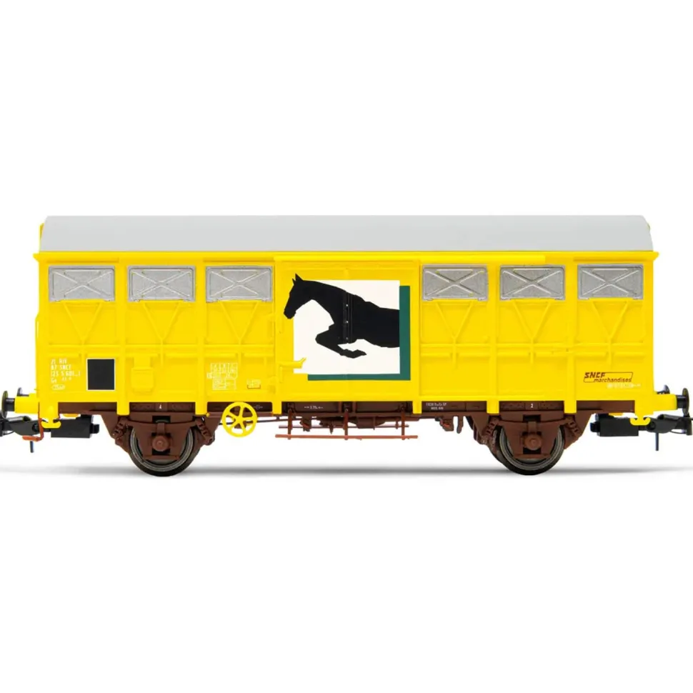 Wagon fermé SNCF à 2 essieux Gs pour le transport de chevaux, jaune - Jouef